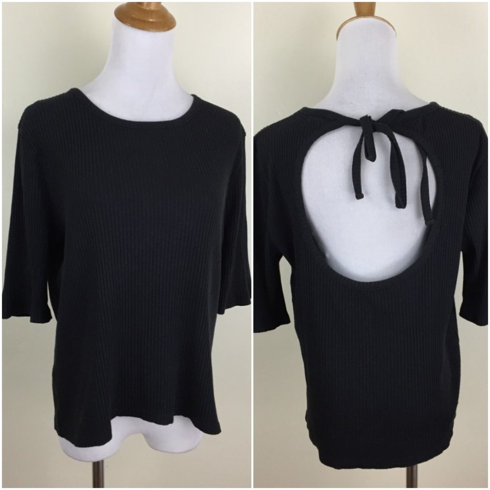 MADEWELL Black Ribbed Cut Out Back Tie Collar 3/4 Sleeve Shirt